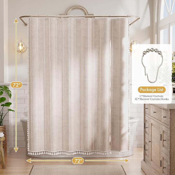 Bathway Farmhouse Shower Curtain Boho with Tassels, Linen Blend Heavy Duty Shower Curtain Set with 12 Metal Hooks, Vintage Luxury Rustic Elegant Fabric Curtain for Bathroom Window, 72x72 Inches, Beige