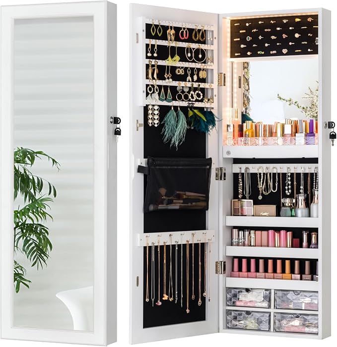 LUXFURNI Wall & Door‑Mounted Storage Jewelry Armoire Cabinet with Mirror | Built‑in LED Mirror, Acrylic Lipstick Tray, 4 Clear Drawers, Large Velvet‑Lined Storage, Full Length Mirror Lockable