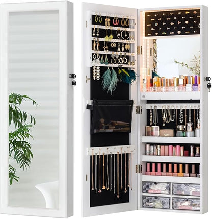 LUXFURNI Wall & Door‑Mounted Storage Jewelry Armoire Cabinet with Mirror | Built‑in LED Mirror, Acrylic Lipstick Tray, 4 Clear Drawers, Large Velvet‑Lined Storage, Full Length Mirror Lockable