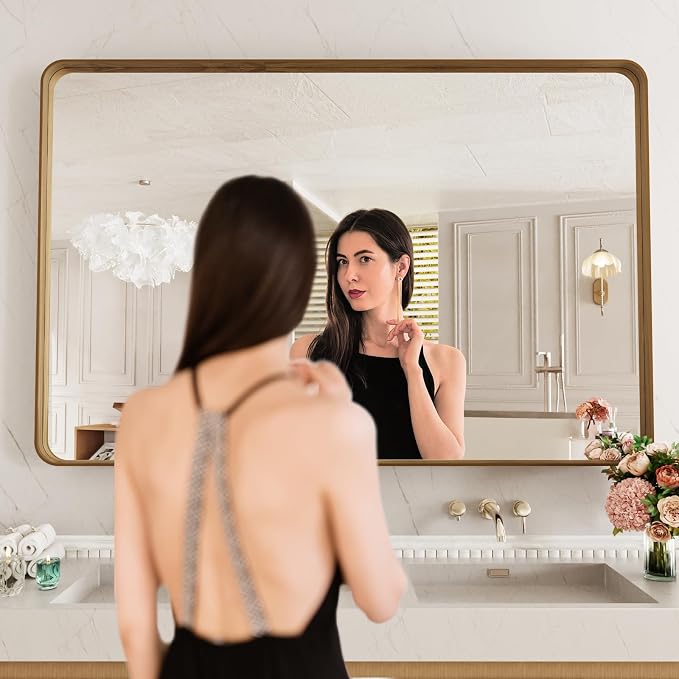 LOAAO 55X30 Inch Bathroom Mirror with Wood Grain Colored Metal Frame | Rounded Rectangle Metal Framed, Anti-Rust, Hangs Horizontally or Vertically, Tempered Glass