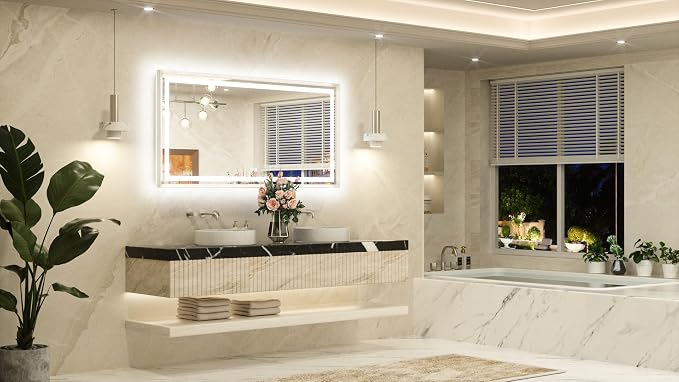 60 x 30 Large Bathroom Mirror Brushed Nickel Metal Frame Frontlit & Backlit Vanity Mirror 3 Colors White/Warm/Natural Stepless Dimmable Anti-Fog Bathroom Mirrors for Vanity Wall-Mounted