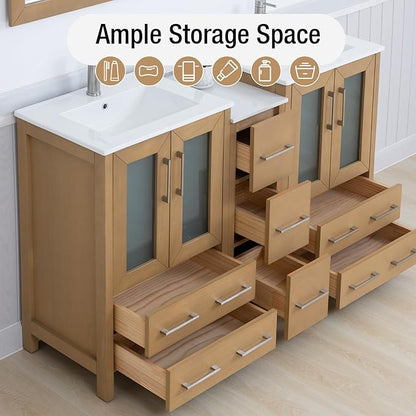 HOMEBEYOND 60 Inch Modern Bathroom Vanity with Sink & Mirror, Double Sink Vanity Cabinet with Basin and Mirror, Dove-Tailed Drawers, Soft-Closing Doors, Wood, Natural Oak