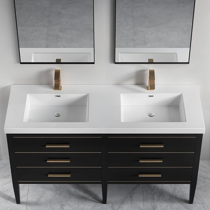Dowell 61" Bathroom Sink,Double Bowl Vanity Basin,Rectangular Drop-In Bathroom Sink with Overflow,White-000 6122BP