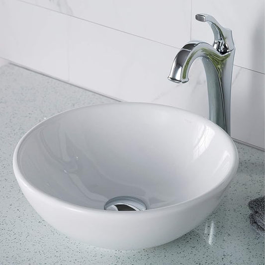 KRAUS Elavo 14-inch Round White Porcelain Ceramic Bathroom Vessel Sink and Arlo Faucet Combo Set with Pop-Up Drain, Chrome C-KCV-341-1200CH