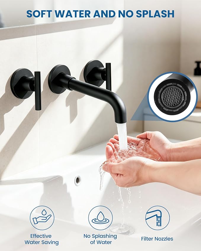 Airuida Wall Mounted Bathroom Sink Faucet,Matte Black Vanity Sink Faucet | Lever Handle,3 Holes,360° Widespread Swivel Spout,Rotatable Bathroom Faucet