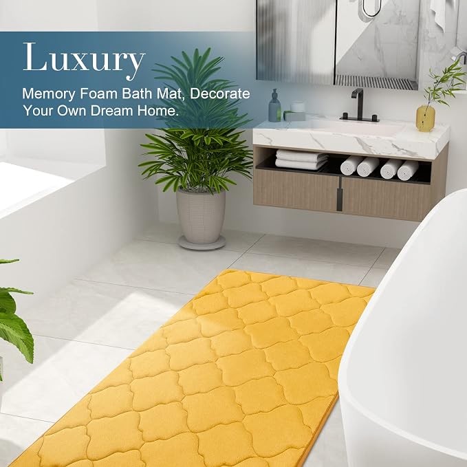 OLANLY Memory Foam Bath Mat Rug 47x20, Ultra Soft and Absorbent Bathroom Rugs, Non-Slip, Comfortable, Machine Washable Bath Carpet for Bathroom Floor, Tub, Shower and Home Decor Accessories, Yellow