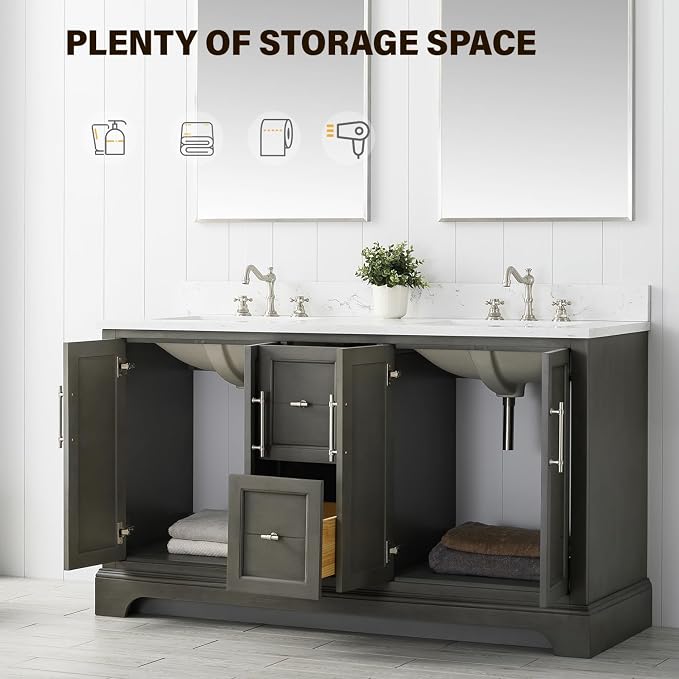 Vanity Art 60 Inch Bathroom Vanity with Double Sink, Silver Grey | Solid Wood, Ceramic Sink, Marble Top, Waterproof Backsplash, Pre-assembled, Soft-close Doors, Ample Storage, Freestanding