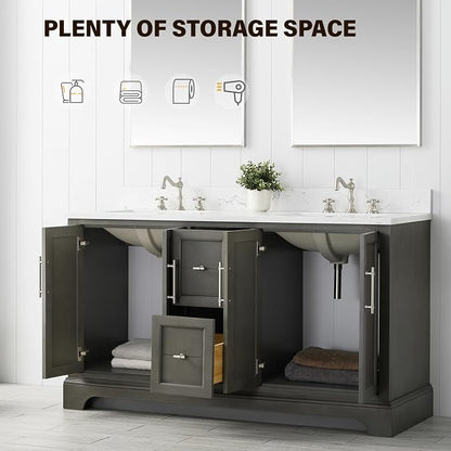 Vanity Art 60 Inch Bathroom Vanity with Double Sink, Silver Grey | Solid Wood, Ceramic Sink, Marble Top, Waterproof Backsplash, Pre-assembled, Soft-close Doors, Ample Storage, Freestanding