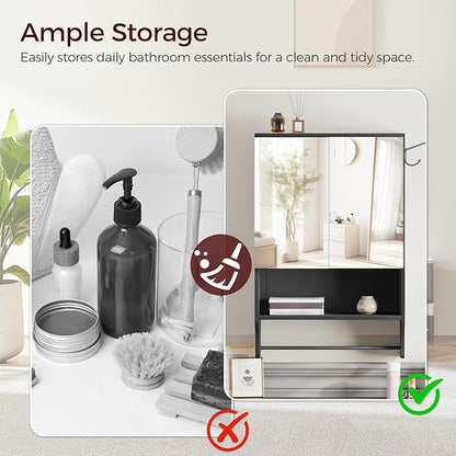 Bathroom Wall Cabinet with Mirror, Medicine Cabinet with 2 Door and Adjustable Shelf, Wall Mounted Over The Toilet Storage Cabinet for Bathroom Laundry Room Kitchen, 18.9"W x 26.2"H, Black
