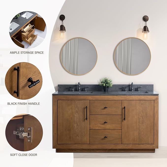 HOMEBEYOND 60" Bathroom Vanity with Double Sink & Ceramic Top, MDF Material Vanity Cabinet with Basin Combo, Soft-Closing Doors, Removable Shelf, Backsplash, Tan