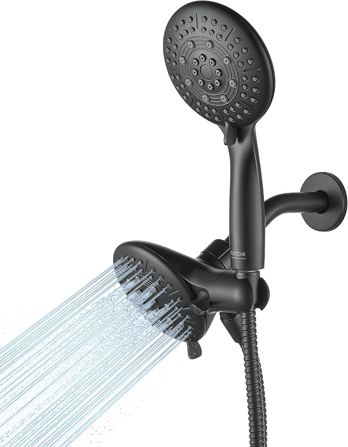 Cobbe® Dual Shower Head Combo, Handheld & Fixed, Matte Black | Two Full-Size Shower Heads, 59'' Stainless Steel Hose, Water Saving with 3-Way Water Diverter, Tool-Free Installation