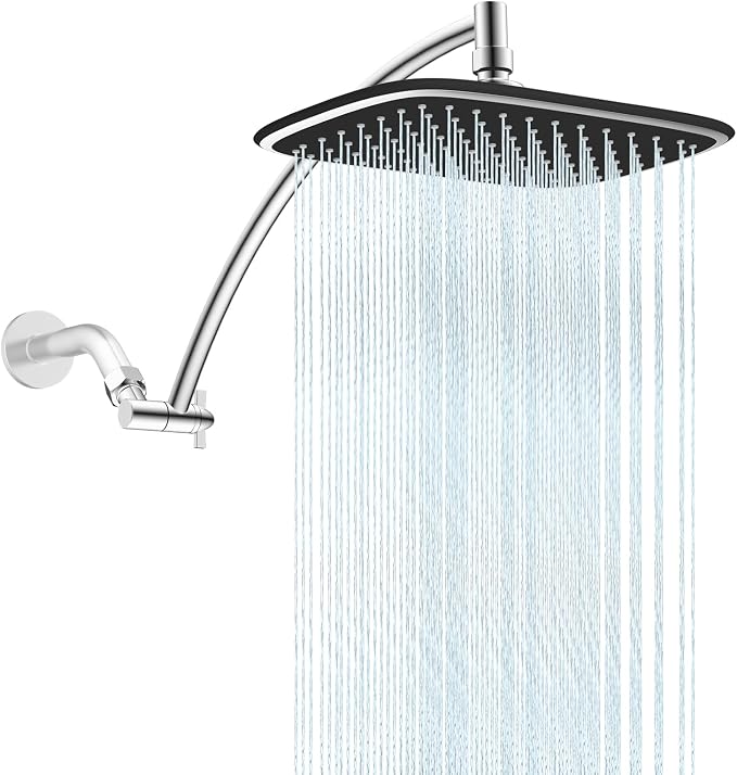 10" Rain Shower Head with 16" Metal Extension Arm, High-Pressure Showerhead | Chrome, Boosting Rainfall/Fixed Showerhead, Stainless Steel Shower Extender Adjustable Height/Angle, Easy 1-Min Installation