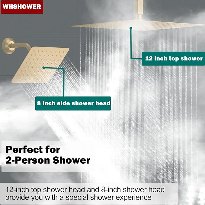 Dual Shower Heads Shower System with 12 Inch Ceiling Rainfall Shower Head and 8 Inch Side Shower Head Digital Display Shower Fixtures Luxury Shower Faucet Set,Brushed Gold