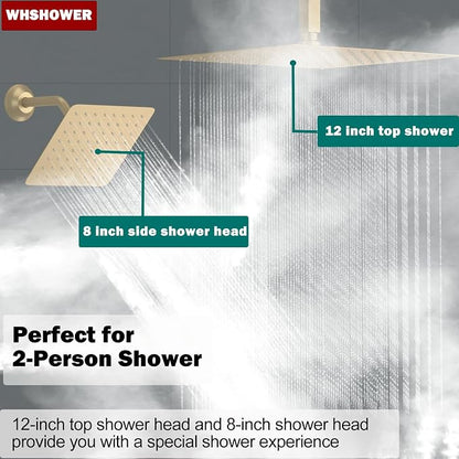 Dual Shower Heads Shower System with 12 Inch Ceiling Rainfall Shower Head and 8 Inch Side Shower Head Digital Display Shower Fixtures Luxury Shower Faucet Set,Brushed Gold