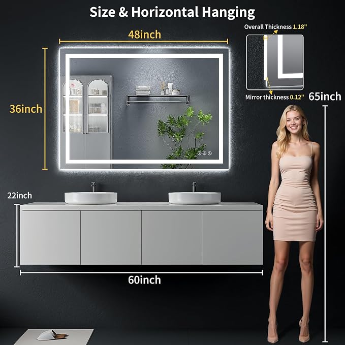 48"x36" LED Bathroom Mirror with Lights, Backlit+Frontlit, Anti-Fog | CRI 95, Stepless Dimmable, 3 Colors Lighting, Shatterproof Tempered Glass, HD Reflection, Memory, (Horizontal/Vertical)
