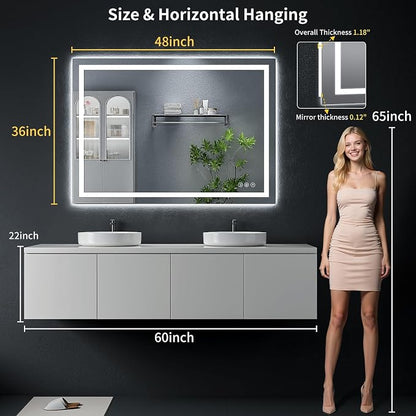 48"x36" LED Bathroom Mirror with Lights, Backlit+Frontlit, Anti-Fog | CRI 95, Stepless Dimmable, 3 Colors Lighting, Shatterproof Tempered Glass, HD Reflection, Memory, (Horizontal/Vertical)