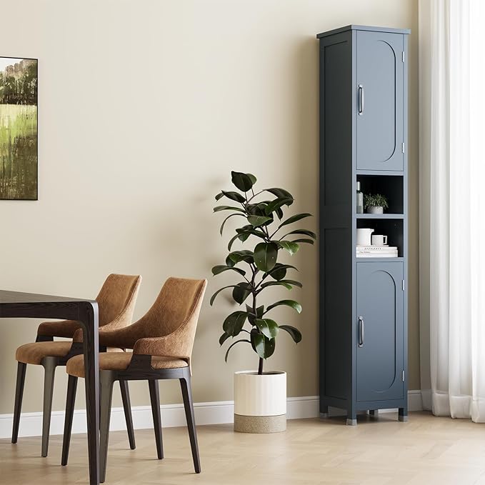 67" Tall Bathroom Storage Cabinet with Lights, Slim Narrow Bathroom Cabinet Organizer with Doors and Adjustable Shelves, Tall Cabinet for Small Space (66.9" Tall-Blue with Light)
