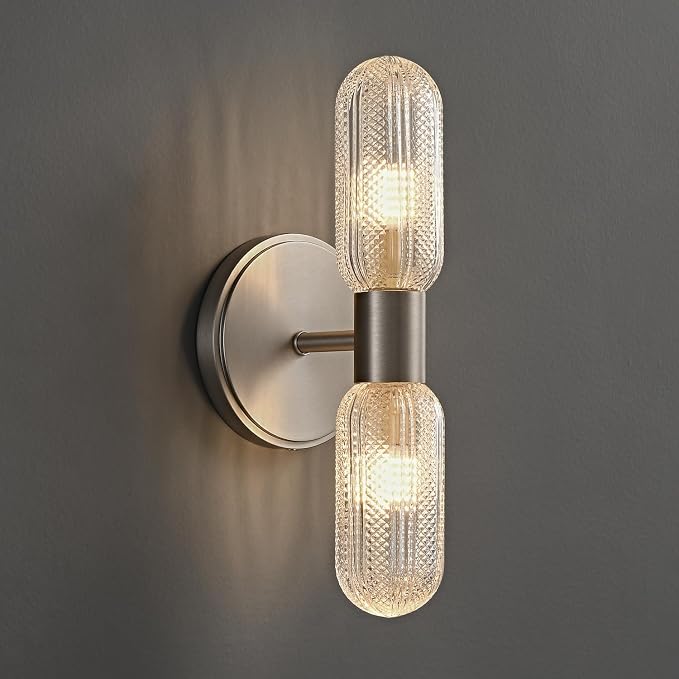 Brushed Nickel Wall Sconces 12.3in Knurled Glass Wall Light, Brass Material | 2-Light Wall Lights for Bathroom Bedroom Hallway Bathroom Vanity Mirror Entrance, Hardwired, bulb included
