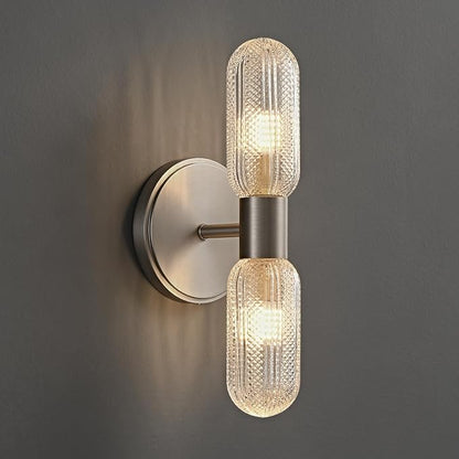 Brushed Nickel Wall Sconces 12.3in Knurled Glass Wall Light, Brass Material | 2-Light Wall Lights for Bathroom Bedroom Hallway Bathroom Vanity Mirror Entrance, Hardwired, bulb included