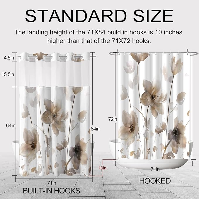 No Hook Shower Curtain and Liner Set, Brown Boho Floral 71x84 | Watercolor Boho Flower, with Snap in Liner, Waterproof, Machine Washable, Quick-Drying, for Hotel Bathroom