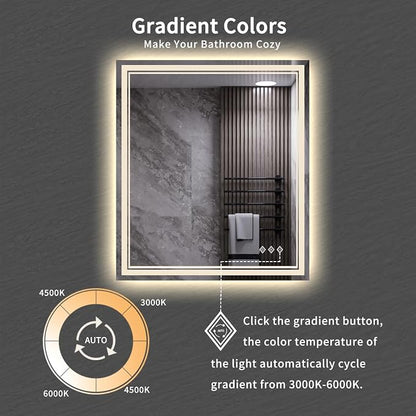 LED Bathroom Mirror, 28x32 Inch Gradient Front and Backlit LED Vanity Mirror, 3 Colors Dimmable CRI>90 Double Lights, IP54 Enhanced Anti-Fog, Hanging Plates Wall Mount Backlit Mirror