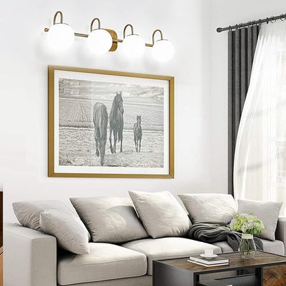 New Bathroom Vanity Light Fixtures 4-Lights Brushed Brass Frame and Milk White Glass Globe Shade Modern Wall Sconce Lighting Bath Vanity Lights Bar Over Mirror (Exclude G9 Bulb)