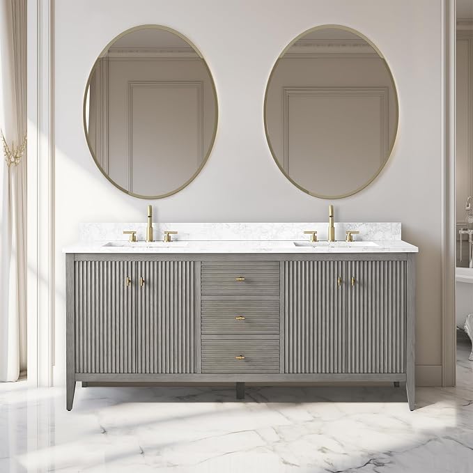 Vanity Art 72 inch Bathroom Vanity with Double Sink & Ceramic Top, Vanity Cabinet with Soft-Closing Door, Solid Wood Frame, Linear Pattern, Driftwood Gray, Golden Brushed Handware VA9172-DDG-GB
