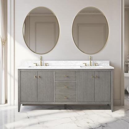 Vanity Art 72 inch Bathroom Vanity with Double Sink & Ceramic Top, Vanity Cabinet with Soft-Closing Door, Solid Wood Frame, Linear Pattern, Driftwood Gray, Golden Brushed Handware VA9172-DDG-GB