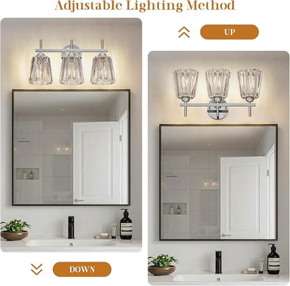 Crystal Bathroom Light Fixtures Over Mirror, Chrome 3-Light Bathroom Vanity Lights Over Mirror Modern Wall Lighting Sconces with Ceramic E26 Base (Bulbs Not Include)
