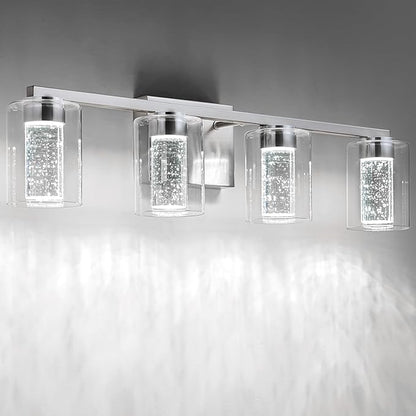 SineRise 4-Light Brushed Nickel Vanity Light with 3 Color Modes (3000K/4000K/6000K), Eye Protection LED Bathroom Light Fixture, Dimmable Modern Wall Light Over Mirror with Clear Glass Shade