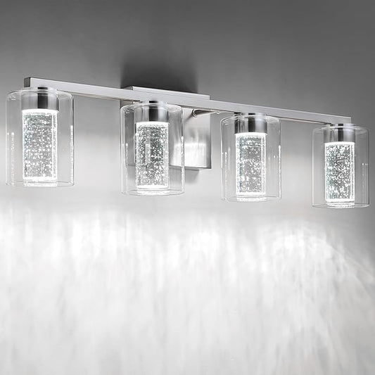 SineRise 4-Light Brushed Nickel Vanity Light with 3 Color Modes (3000K/4000K/6000K), Eye Protection LED Bathroom Light Fixture, Dimmable Modern Wall Light Over Mirror with Clear Glass Shade