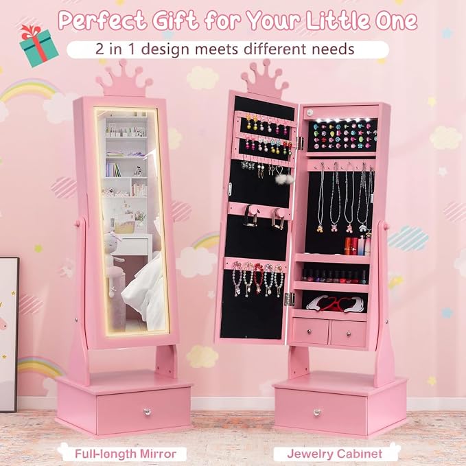 GarveeHome Kids Jewelry Armoire,Child Jewelry Cabinet with Led Light,Freestanding Jewelry Organizer with Full Length Mirror&Storage Drawers,Kids Vanity Dress Up Mirror Jewelry Cabinet for Girls(Pink)