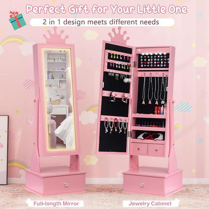 GarveeHome Kids Jewelry Armoire,Child Jewelry Cabinet with Led Light,Freestanding Jewelry Organizer with Full Length Mirror&Storage Drawers,Kids Vanity Dress Up Mirror Jewelry Cabinet for Girls(Pink)