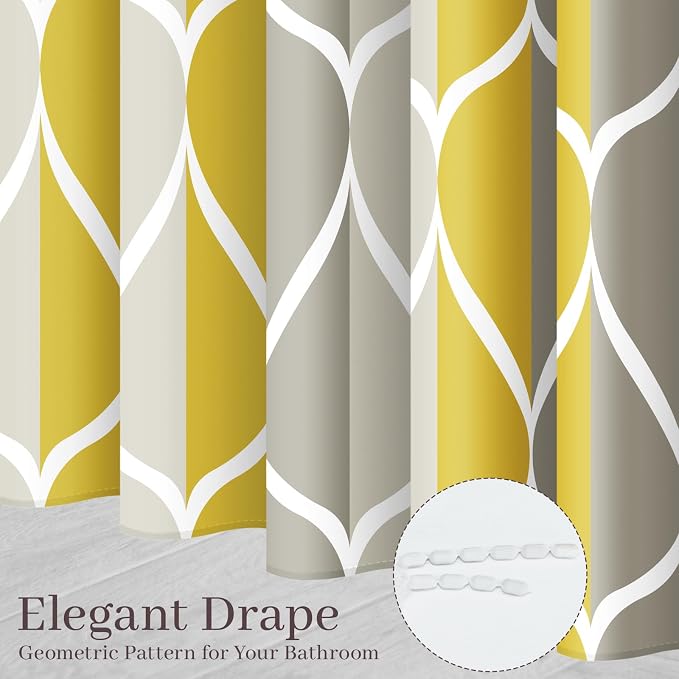 Gelbchu Geometric Shower Curtain for Bathroom, Gray Yellow, 72x72 Inch | with Hooks, Premium Polyester, Quick Dry, Water Repellent, Machine Washable, Rustproof Grommets, Modern Minimalist