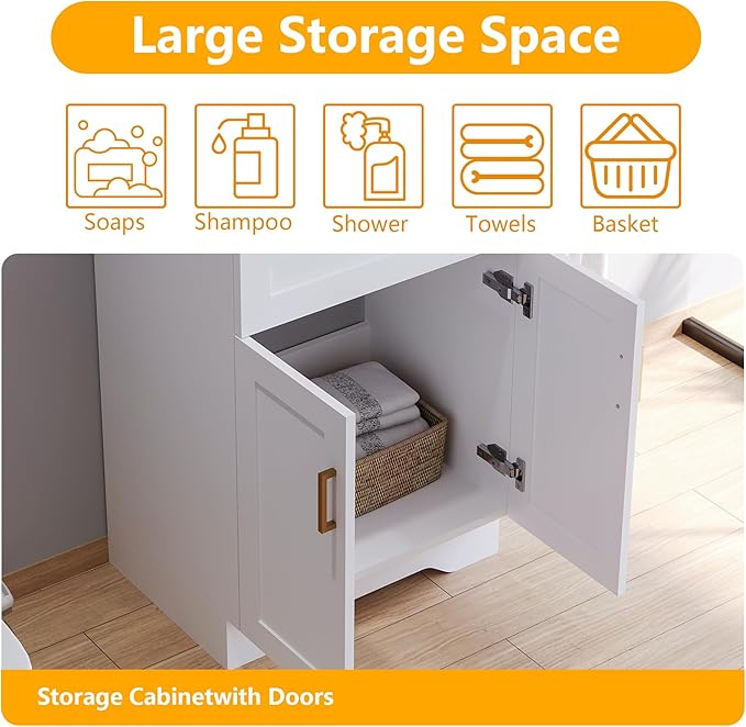 Bathroom 24" Vanity with Ceramic Sink, Wooden Double Door Bathroom Storage Cabinet, Freestanding Cabinet Vanity with Sink (Paint, White,24")