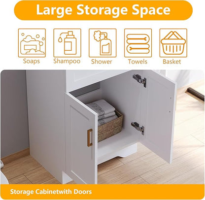 Bathroom 24" Vanity with Ceramic Sink, Wooden Double Door Bathroom Storage Cabinet, Freestanding Cabinet Vanity with Sink (Paint, White,24")