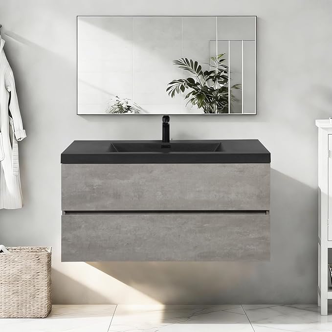 Floating Vanity Bathroom, 42 Inch Bathroom Vanity with Sink, Wall Mounted Single Sink Bathroom Vanity, Soft Closed 2 Drawers, Integrated Sink (Dark Birch)