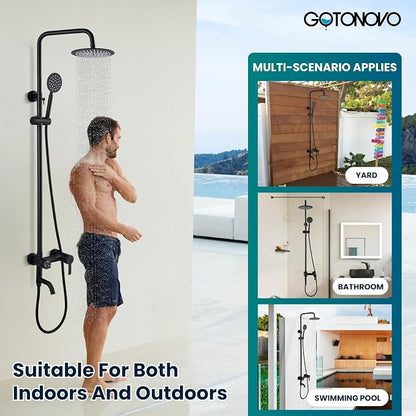 gotonovo Outdoor Shower Kit SUS304 Stainless Steel Matte Black | Outside Shower Fixtures,8’’ Rain Head with Handheld Sprayer,Swivel Tub Spout,Indoor/Outdoor,Poolside,Backyard,Garden,Beach