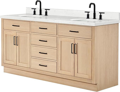 ARIEL Hepburn 72-inch Bathroom Vanity with Sink,Solid Wood, 1.5-inch Carrara White Quartz Countertop & Backsplash, Double Oval Porcelain Sink, 4 Soft Closing Doors, 6 Dovetail Drawers, White Oak