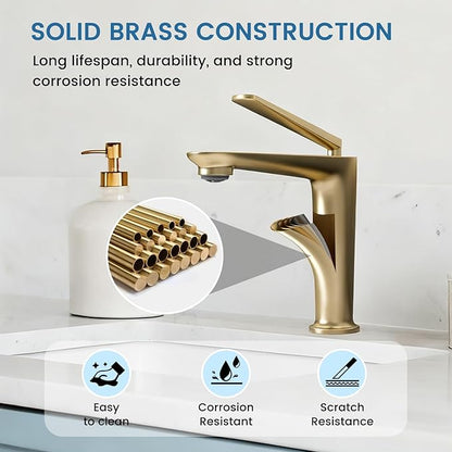 Bathroom Faucet Brushed Gold, One Hole Single Handle Vessel Sink Faucet, Brass Bathroom Faucet for Vanity Sink Restroom Guestroom RVs