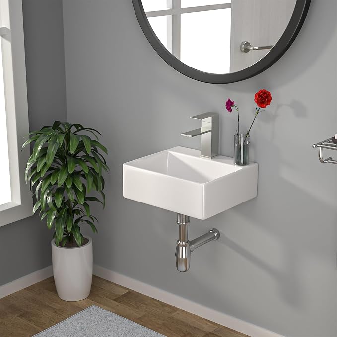 Wall Mount Hung Small Vessel Sink - Bathroom Corner Floating Sink Rectangle 13" x 11" Modern Bathroom White Porcelain Ceramic Vessel Vanity Sink with Faucet Hole