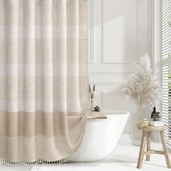 Beige Boho Linen Striped Shower Curtain with Tassel 72" W X 72" L | Boho Farmhouse Shower Curtains with Linen Texture for Bathroom Decor