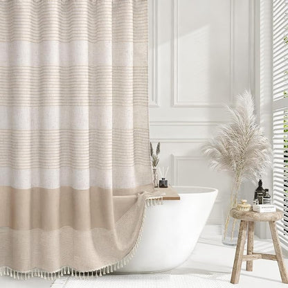 Beige Boho Linen Striped Shower Curtain with Tassel 72" W X 72" L | Boho Farmhouse Shower Curtains with Linen Texture for Bathroom Decor