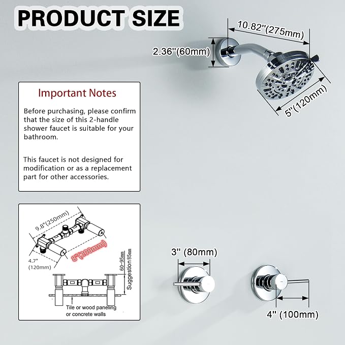 Chrome 2 Handle Shower faucet Set with 8 Mode Shower Head, Two Handles Bathroom Shower Faucet Trim Kit with Brass Rough-in Valve, Wall Mounted