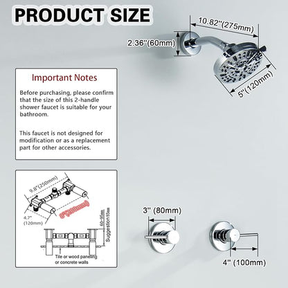 Chrome 2 Handle Shower faucet Set with 8 Mode Shower Head, Two Handles Bathroom Shower Faucet Trim Kit with Brass Rough-in Valve, Wall Mounted