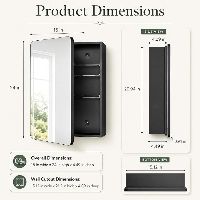 16x24 Black Medicine Cabinet with Mirror, Recessed & Surface Mount | Bathroom mirror with storage: 6 adjustable shelves fit tall bottles; DTC soft-close hinges; rust-resistant aluminum