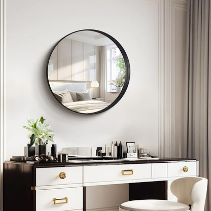 Black Round Mirror 22 inch Deep Frame Circle Mirror, Metal Framed Bathroom Mirror, Round Vanity Mirror, Circle Mirrors for Wall Entryway Bedroom Living Room Hallway