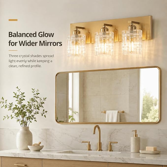 3 Lights Brushed Gold Crystal Bathroom Vanity Light,Modern Bathroom Wall Light,Crystal Over Mirror Light Fixtures for Living Room, Bedroom, Hallway