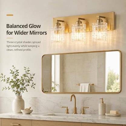 3 Lights Brushed Gold Crystal Bathroom Vanity Light,Modern Bathroom Wall Light,Crystal Over Mirror Light Fixtures for Living Room, Bedroom, Hallway
