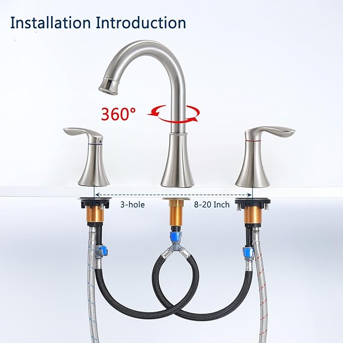 Friho Brushed Nickel Bathroom Faucet 3 Hole, Widespread 8 Inch 2 Handle Vanity Sink Faucet Set with Swivel Spout, Pop Up Drain and Water Supply Hoses